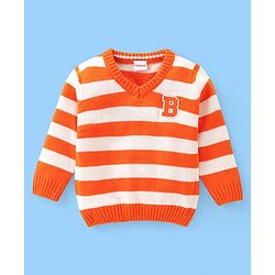 Babyhug Knit Full Sleeves Striped Pullover Sweater with B Applique - Orange & White