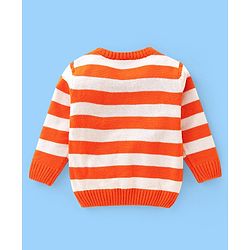 Babyhug Knit Full Sleeves Striped Pullover Sweater with B Applique - Orange & White