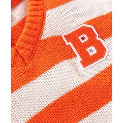 Babyhug Knit Full Sleeves Striped Pullover Sweater with B Applique - Orange & White