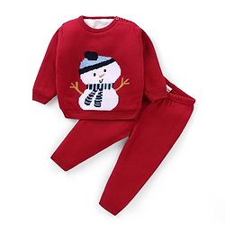 Babyhug  Full Sleeves Sweater Set With Snow Man Design - Red