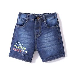 Babyhug Cotton Mid Thigh Denim & Stretch Shorts With Text Embroidery   Fly With Zipper -  Blue