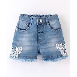 Babyhug Cotton Mid Thigh Length Washed Stretchable Denim Shorts Lace Detailing - Blue