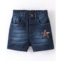 Babyhug Cotton Mid Thigh Length Washed Stretchable Denim Shorts Sequins Detailing - Blue