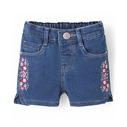 Babyhug Cotton Spandex Mid Thigh Length Stretchable Washed Denim Shorts Floral Embroidery - Blue