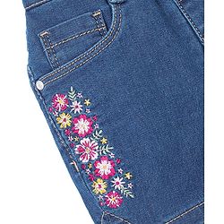 Babyhug Cotton Spandex Mid Thigh Length Stretchable Washed Denim Shorts Floral Embroidery - Blue