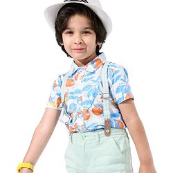 Babyhug 100% Cotton Woven Half Sleeves Shirt Orange Print - Blue
