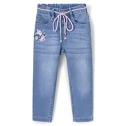 Babyhug Denim Full Length Jeans With Stretch Floral Embroidered & Washed - Blue
