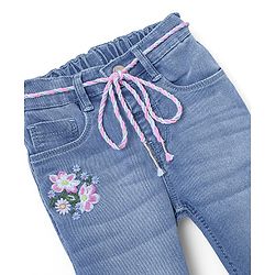 Babyhug Denim Full Length Jeans With Stretch Floral Embroidered & Washed - Blue