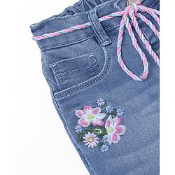 Babyhug Denim Full Length Jeans With Stretch Floral Embroidered & Washed - Blue