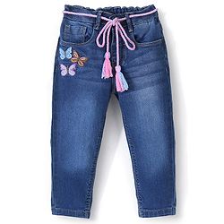 Babyhug Cotton Washed Denim Full Length Stretchable Jeans With Butterfly Embroidery - Blue