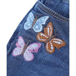 Babyhug Cotton Washed Denim Full Length Stretchable Jeans With Butterfly Embroidery - Blue
