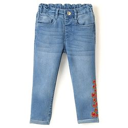 Babyhug Cotton Spandex Full Length Stretchable Jeans with Floral Embroidery - Blue