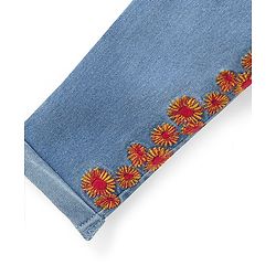 Babyhug Cotton Spandex Full Length Stretchable Jeans with Floral Embroidery - Blue