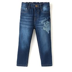 Babyhug Cotton Full Length Denim With Stretch Jeans & Monster Print - Dark Blue