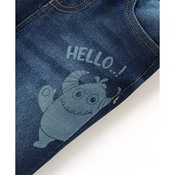 Babyhug Cotton Full Length Denim With Stretch Jeans & Monster Print - Dark Blue