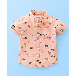 Babyhug Cotton Woven Half Sleeves Regular Collar Shirt Car Print- Orange