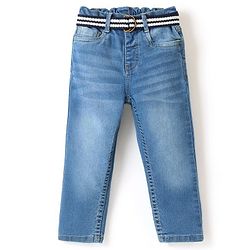 Babyhug Cotton Spandex Full Length Stretchable Washed Jeans with Fabric Belt   Fly With Zipper -  Blue
