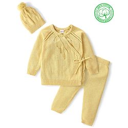 Babyhug Cotton Full Sleeves Sweater Set With Cap & Cable Knit Design - Yellow