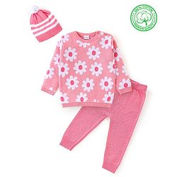 Babyhug Organic Cotton Knit Full Sleeves Sweater Set With Cap Floral Design - Light Pink