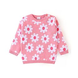 Babyhug Organic Cotton Knit Full Sleeves Sweater Set With Cap Floral Design - Light Pink