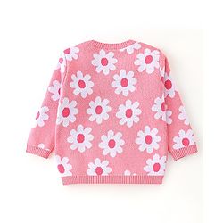 Babyhug Organic Cotton Knit Full Sleeves Sweater Set With Cap Floral Design - Light Pink