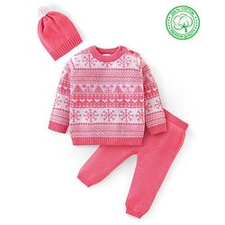 Babyhug Organic Cotton Knit Full Sleeves Baby Sweater Set Snow Flakes Design - Light Pink