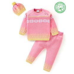 Babyhug Organic Cotton Knit Full Sleeves Sweater Set with Cap Floral Design - Peach