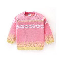 Babyhug Organic Cotton Knit Full Sleeves Sweater Set with Cap Floral Design - Peach