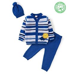 Babyhug Organic Cotton Knit Full Sleeves Sweater Set With Cap Cloud & Sun Design -Blue