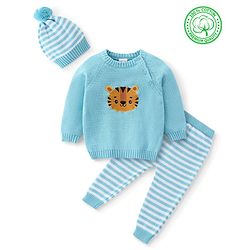 Babyhug Organic Cotton Tiger Embroidered & Striped Sweater Set - Blue