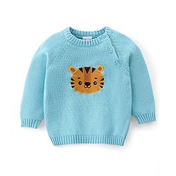Babyhug Organic Cotton Tiger Embroidered & Striped Sweater Set - Blue