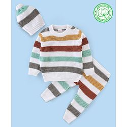 Babyhug Organic Cotton Full Sleeves Sweater Set With Cap Stripes Design- White Grey & Green