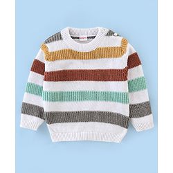 Babyhug Organic Cotton Full Sleeves Sweater Set With Cap Stripes Design- White Grey & Green