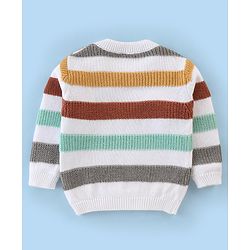 Babyhug Organic Cotton Full Sleeves Sweater Set With Cap Stripes Design- White Grey & Green