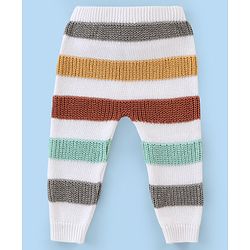 Babyhug Organic Cotton Full Sleeves Sweater Set With Cap Stripes Design- White Grey & Green