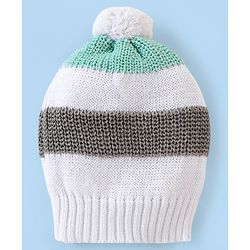 Babyhug Organic Cotton Full Sleeves Sweater Set With Cap Stripes Design- White Grey & Green