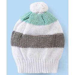 Babyhug Organic Cotton Full Sleeves Sweater Set With Cap Stripes Design- White Grey & Green
