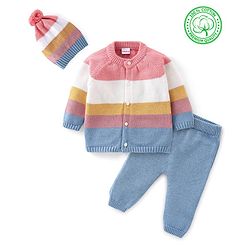 Babyhug Organic Cotton Knit Full Sleeves Sweater Set With Cap Solid Colour Block Design - Multicolour