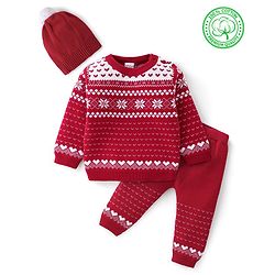 Babyhug Organic Cotton Knit Baby Sweater Set Intarsia Design - Red
