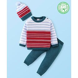 Babyhug Full Sleeves Sweater Set with Cap Stripes Design - Blue