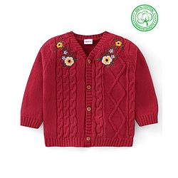 Babyhug Organic Cotton Knit Full Sleeves Front Open Sweater with Floral Design - Red