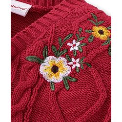 Babyhug Organic Cotton Knit Full Sleeves Front Open Sweater with Floral Design - Red