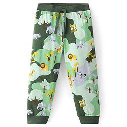 Babyhug Cotton Knit Full Length Lounge Pant Lion & Elephant Print- Green