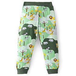 Babyhug Cotton Knit Full Length Lounge Pant Lion & Elephant Print- Green