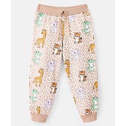 Babyhug Cotton Knit Full Length Lounge Pant With Wild Animals Print - Beige