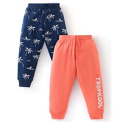 Babyhug Cotton Knit Full Length Lounge Pants Tropical Print Pack of 2 - Peach & Navy