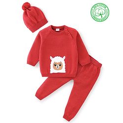 Babyhug Full Sleeves Sweater Set & Cap with Sheep Design - Red
