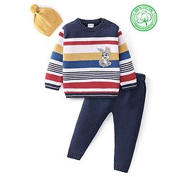 Babyhug Knitted Full Sleeves Striped & Bunny Patch Sweater Set with Cap - Multicolour
