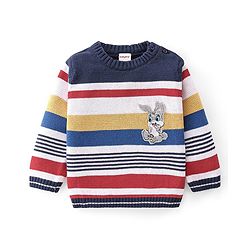 Babyhug Knitted Full Sleeves Striped & Bunny Patch Sweater Set with Cap - Multicolour