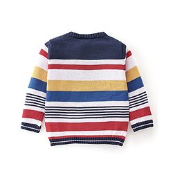 Babyhug Knitted Full Sleeves Striped & Bunny Patch Sweater Set with Cap - Multicolour